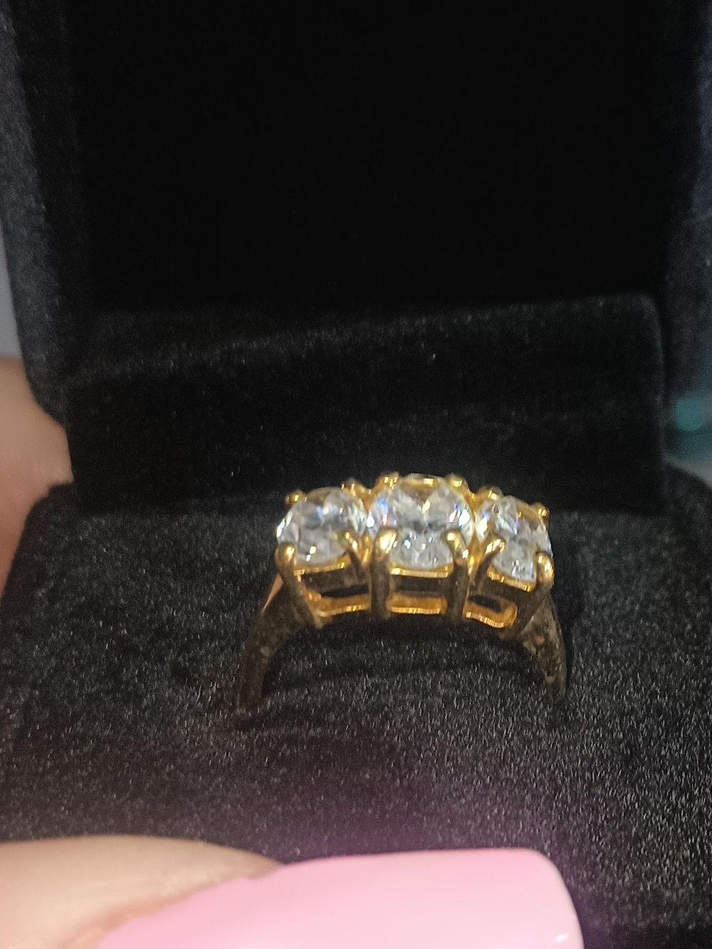 Gold Three-Stone Cubic Zirconia Ring - Pink Accents